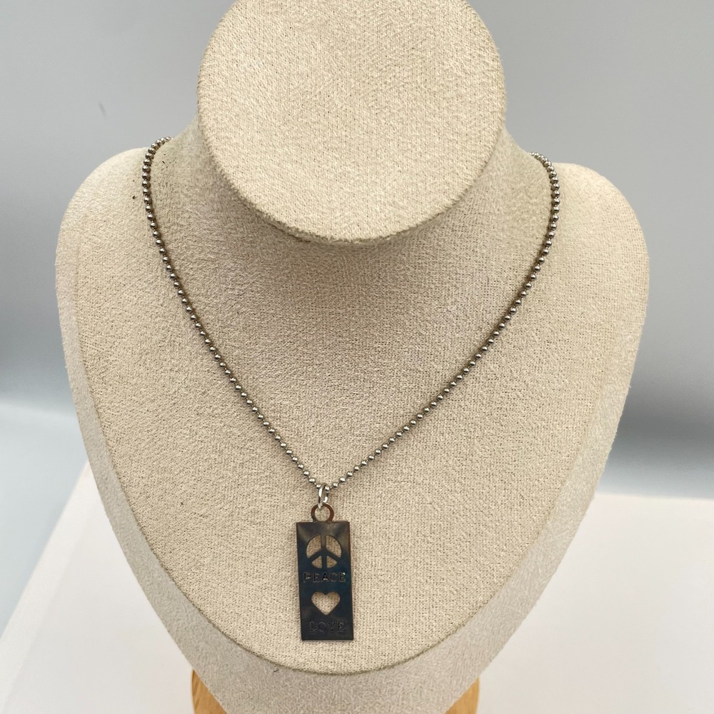 Vintage Peace Love Necklace Silver Tone Ball Bead Chain Rectangular Pendant